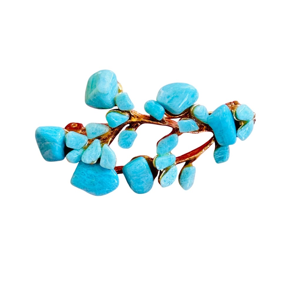 Estate Floral Pin Brooch VTG Teal Blue Azurite Gold Plated Natural Bouquet 60s